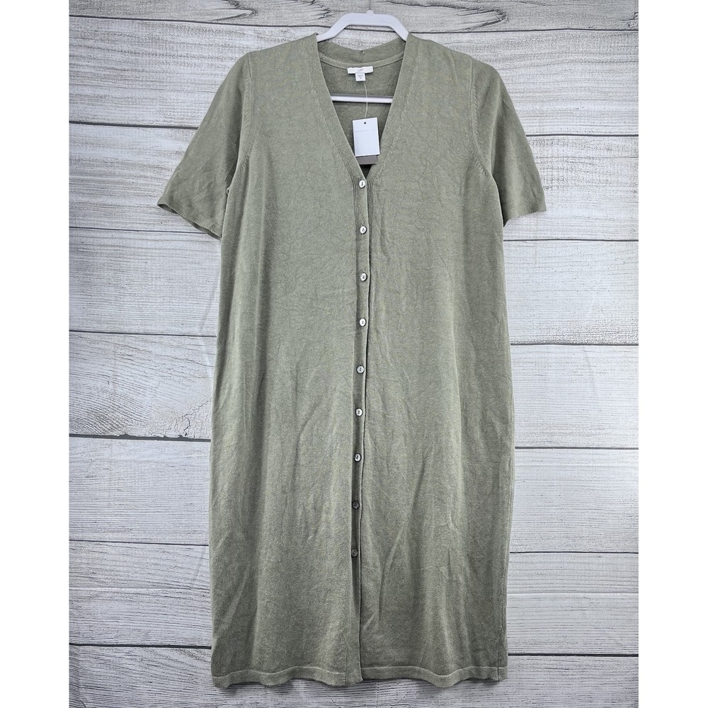 NWT J.JILL Sage Green Linen Blend Knit Button Up Dress Short Sleeve Size M